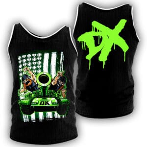 Shop the DX Triple H & Shawn Michaels wrestling tank top with bold black-and-green artwork, sleeveless summer style, and classic Attitude Era fanwear energy.