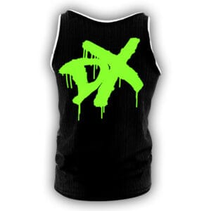 Product detail image of the DX Triple H and Shawn Michaels tank top with black-and-green artwork, a back DX print, and sleeveless summer style.