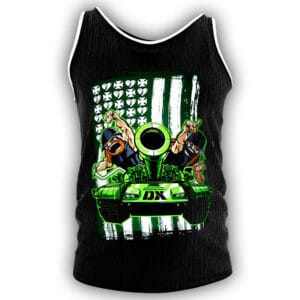 the DX Triple H and Shawn Michaels tank top with black-and-green artwork, a back DX print, and sleeveless summer style. shown in an additional product photo.