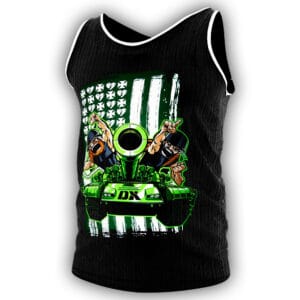 Alternate product view of the DX Triple H and Shawn Michaels tank top with black-and-green artwork, a back DX print, and sleeveless summer style.