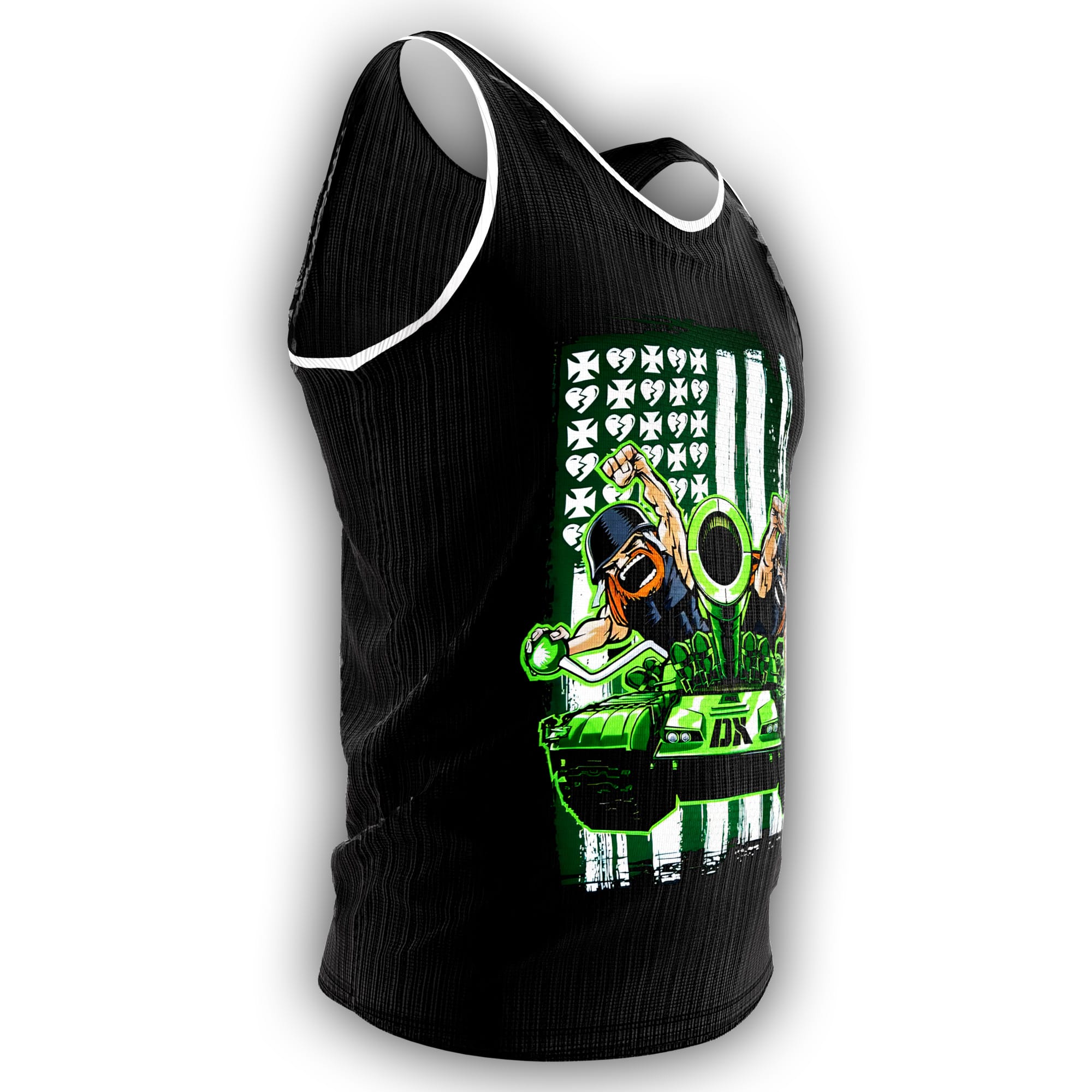 Product detail image of the DX Triple H and Shawn Michaels tank top with black-and-green artwork, a back DX print, and sleeveless summer style.