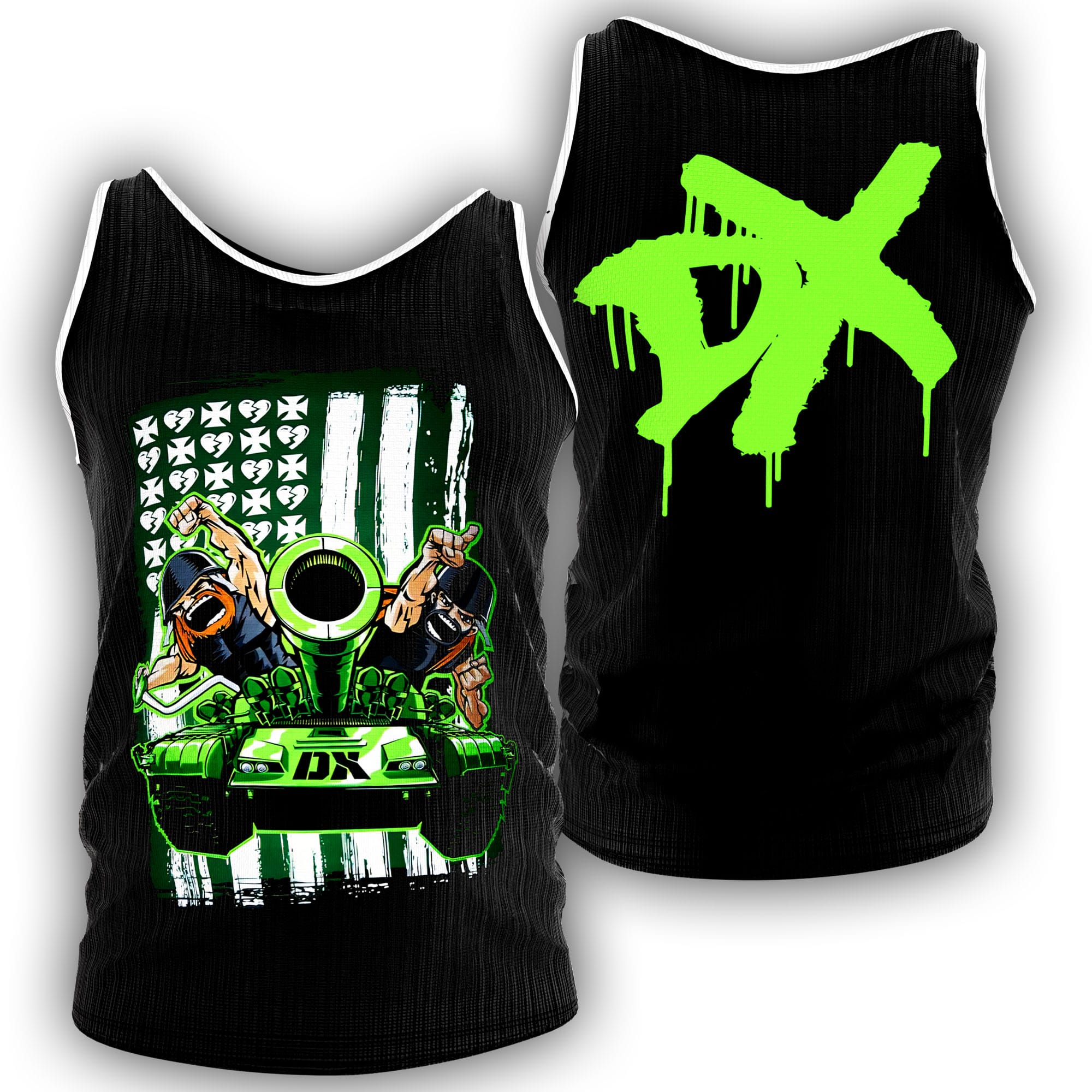 Alternate product view of the DX Triple H and Shawn Michaels tank top with black-and-green artwork, a back DX print, and sleeveless summer style.