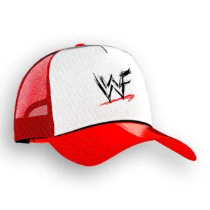 Shop the wwf scratch logo red and white trucker hat, inspired by wwe attitude era style, raw is war, stone cold, the rock, dx, and classic wrestling merch.