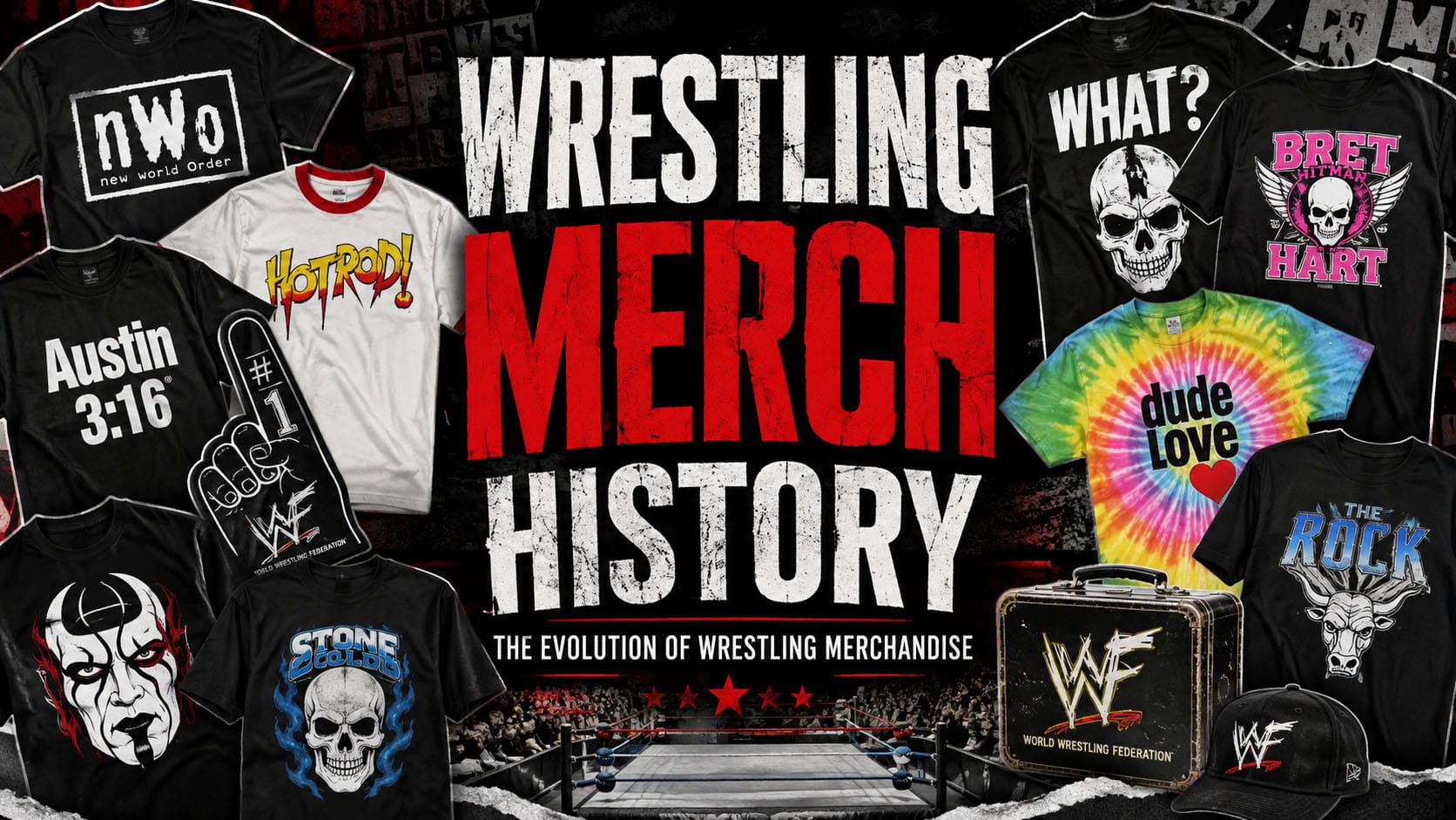 Pro wrestling merchandise history featuring classic wrestling t-shirts, hats and memorabilia across multiple eras